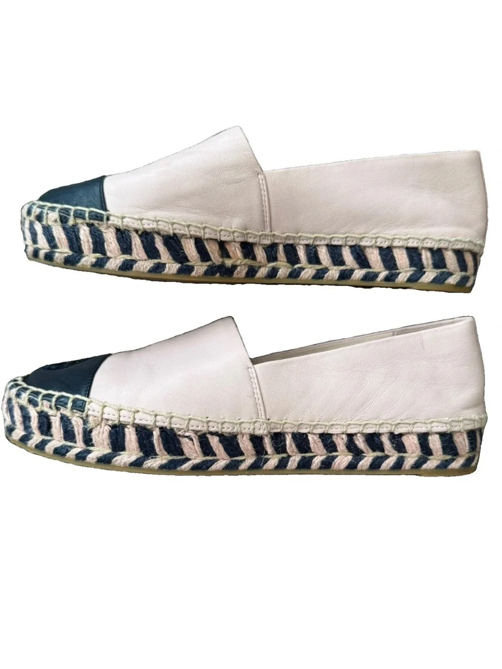 Tory Burch Leather Espadrille Shoes Color Block Pink Blue Round Toe Logo US 6.5M